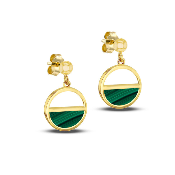 9K Yellow Gold Malachite Half Circle Drop Earrings
