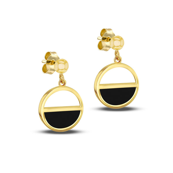 9K Yellow Gold Onyx Half Circle Drop Earrings