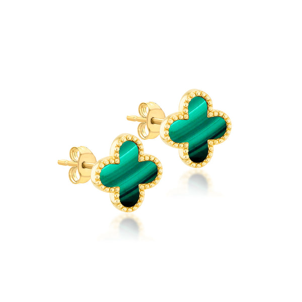 9K Yellow Gold Large Malachite Petal Stud Earrings.