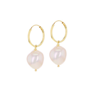 9K Yellow Gold Baroque Pearl Drop Hoop Earrings