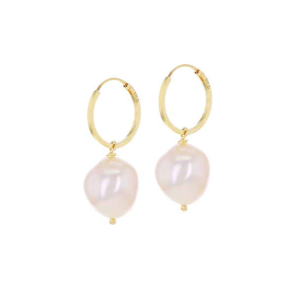 9K Yellow Gold Baroque Pearl Drop Hoop Earrings