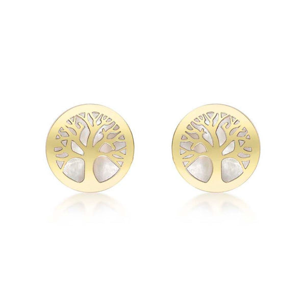 9K Yellow Gold Mother of Pearl 'Tree of Life' Stud Earrings