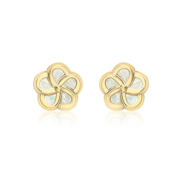 9K Yellow Gold Mother of Pearl Flower Stud Earrings