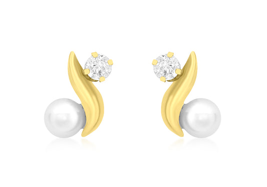 9K Yellow Gold Pearl & Cubic Zirconia Stud  Earrings