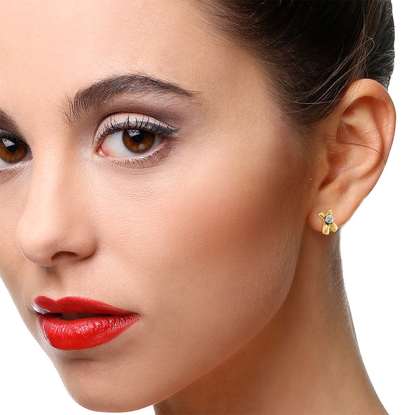 9K 2-Coloured Gold Cross & Ball Stud Earrings