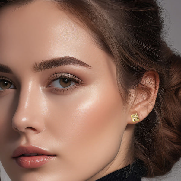 9K Yellow Gold Diamond Cut Clover Stud Earrings