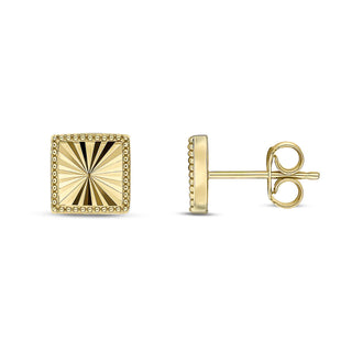 9K Yellow Gold Diamond Cut Square Stud Earrings