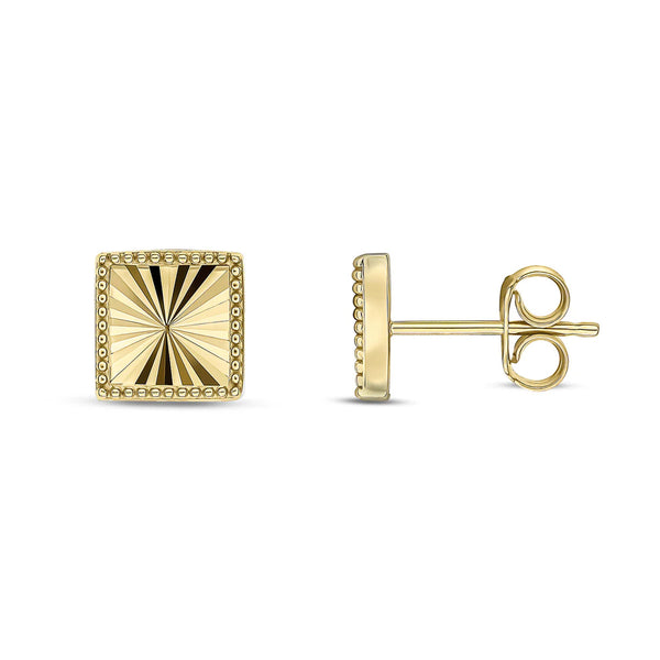 9K Yellow Gold Diamond Cut Square Stud Earrings