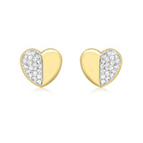 9K Yellow Gold CZ Half-Pave Set Heart Stud Earrings