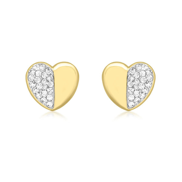 9K Yellow Gold CZ Half-Pave Set Heart Stud Earrings