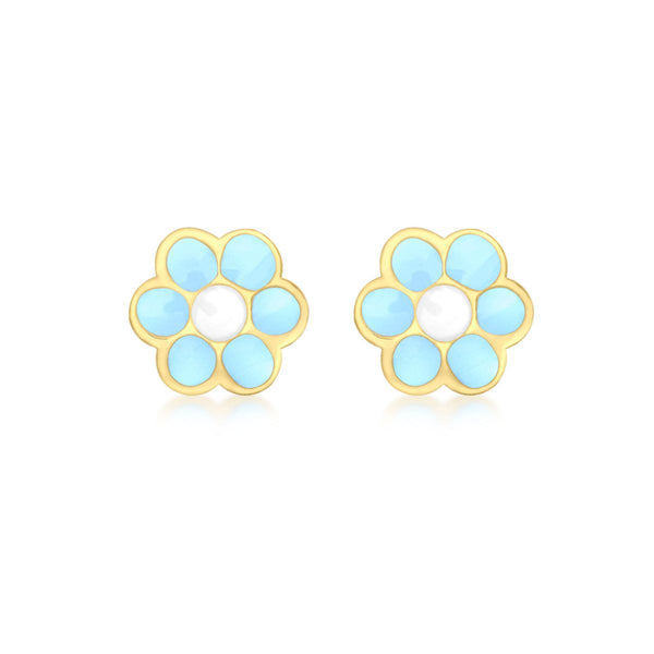 9K Yellow Gold Blue-Enamel Flower Stud Earrings