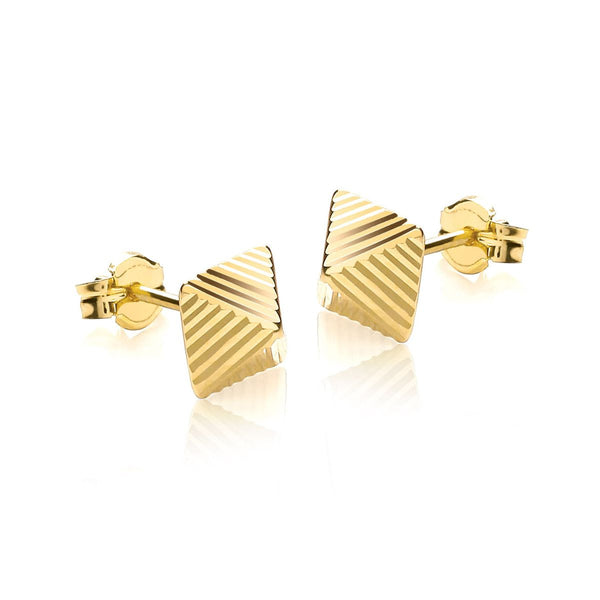 9K Yellow Gold Diamond Cut Pyramid Stud Earrings
