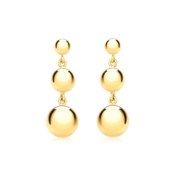 9K Yellow Gold Triple-Graduated-Ball Drop Earrings