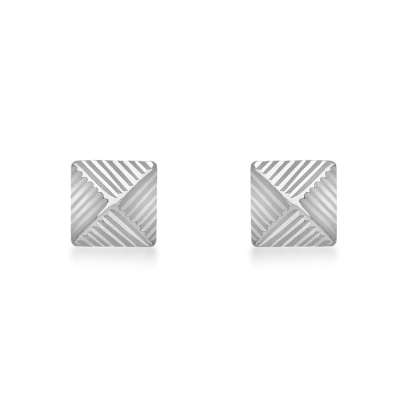 9K White Gold Ribbed-Detail Pyramid Stud Earrings