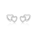 9K White Gold Pave CZ Double Heart Stud Earrings