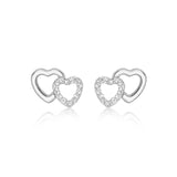 9K White Gold Pave CZ Double Heart Stud Earrings