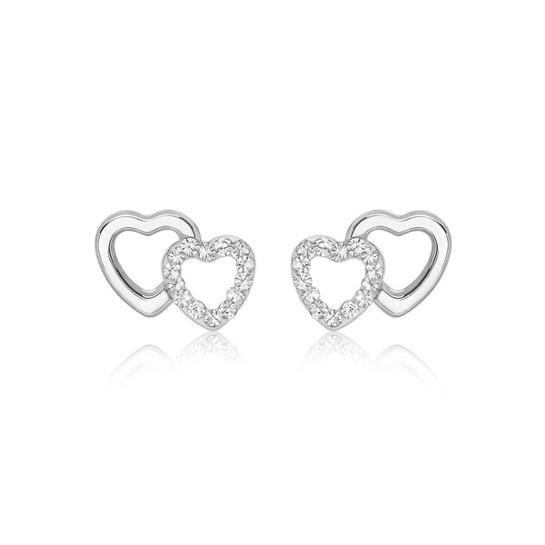 9K White Gold Pave CZ Double Heart Stud Earrings
