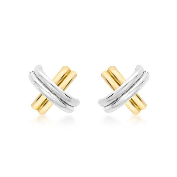 9K 2-Colour Gold Crossover Tube Kiss Stud Earrings