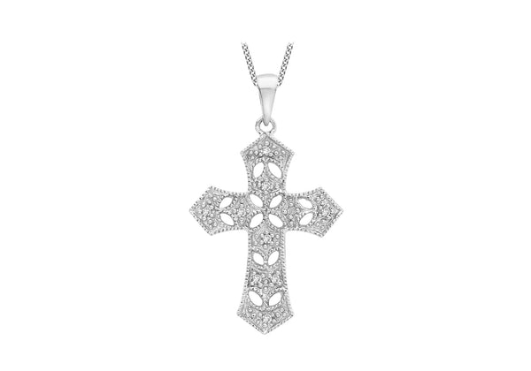 9K White Gold 0.05ct Diamond Filigree Cross Pendant