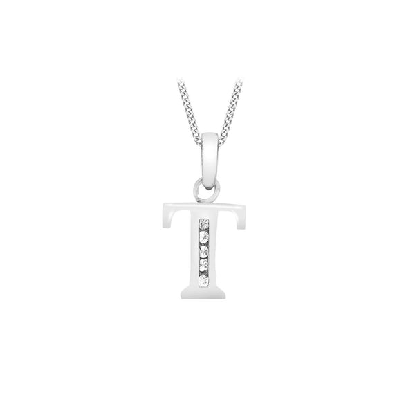 9K White Gold Cubic Zirconia 'T' Initial Pendant