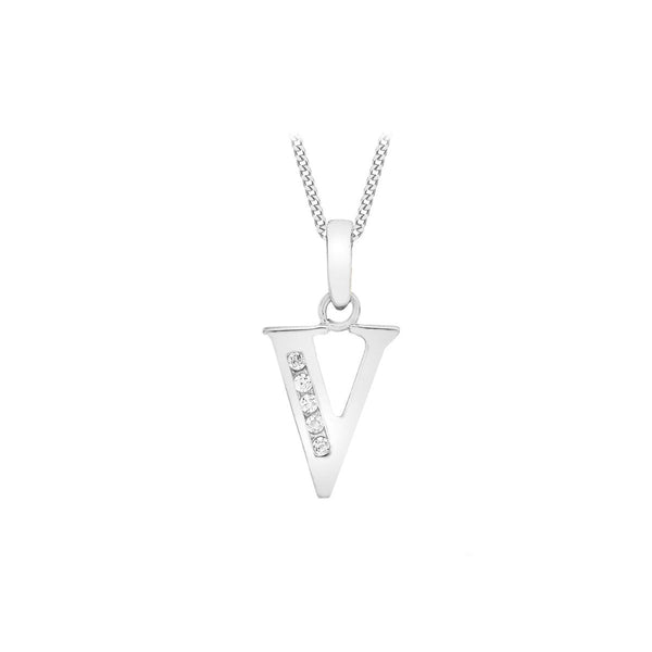 9K White Gold Cubic Zirconia 'V' Initial Pendant