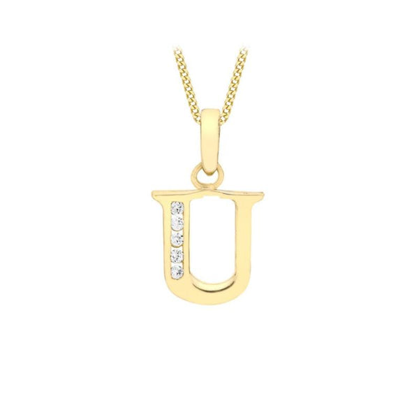 9K Yellow Gold Cubic Zirconia 'U' Initial Pendant