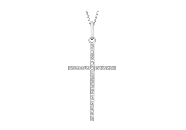 9K White Gold Diamond Cut Slim Cross Pendant