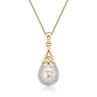 9K Yellow Gold Diamond & Pearl Teardrop Pendant
