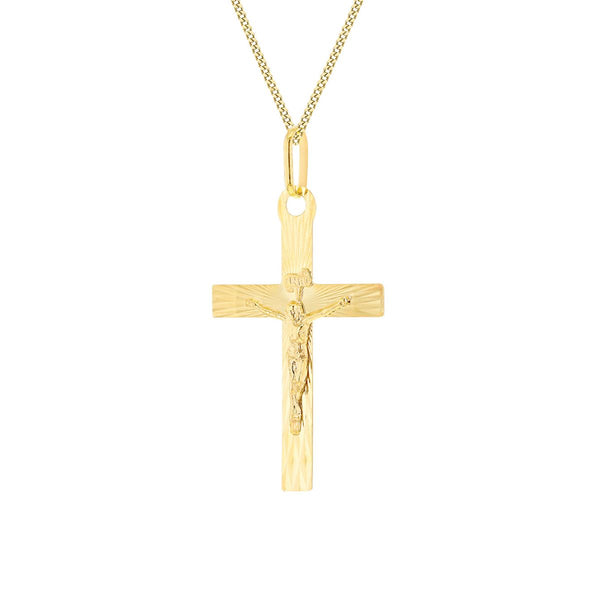 9K Yellow Gold Diamond Cut Sunray Crucifix Pendant