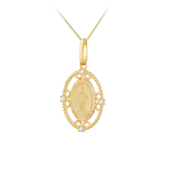 9K Yellow Gold CZ Filigree Holy Mary Oval Pendant