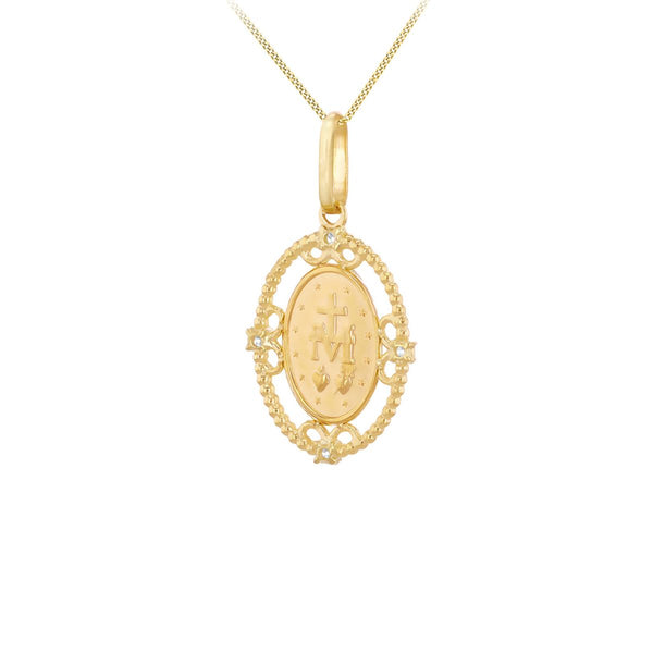 9K Yellow Gold CZ Filigree Holy Mary Oval Pendant