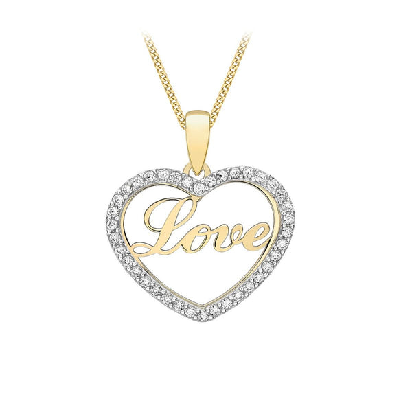 9K Yellow Gold Cubic Zirconia 'Love' Open-Heart Pendant