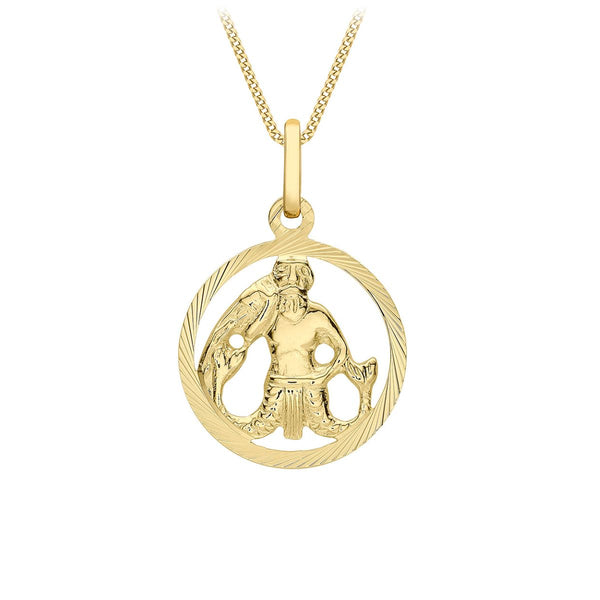 9K Yellow Gold Diamond Cut Aquarius Zodiac Pendant