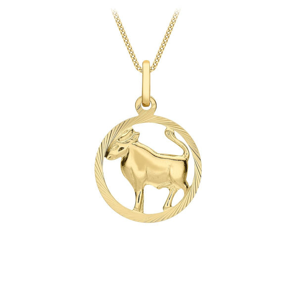 9K Yellow Gold Diamond Cut Taurus Zodiac Pendant