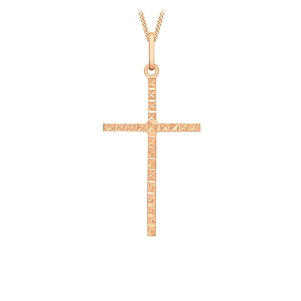 9K Rose Gold Diamond Cut Slim Cross Pendant