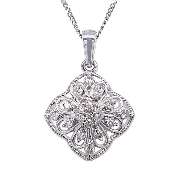 9K White Gold 0.18ct Diamond Filigree Pendant