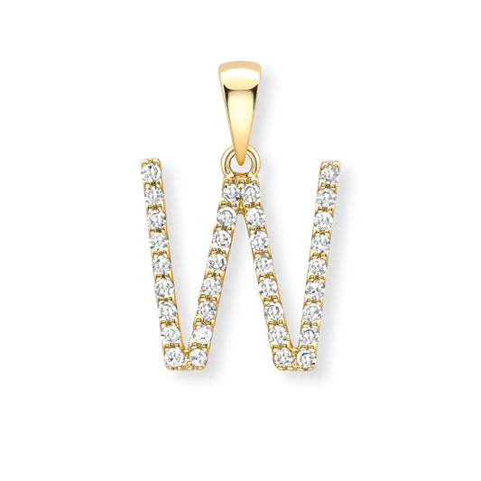 9K Yellow Gold Large Diamond 'W' Initial Pendant