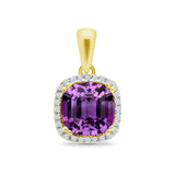 9K Yellow Gold Cushion Amethyst Diamond Halo Set Pendant
