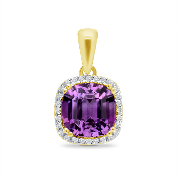 9ct Yellow Gold Cushion Amethyst Diamond Halo Set Pendant