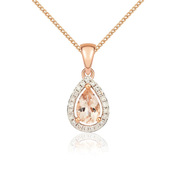 9K Rose Gold Pear Morganite & Diamond Pendant