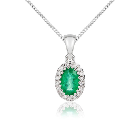 9K White Gold Oval Emerald & Diamond Pendant