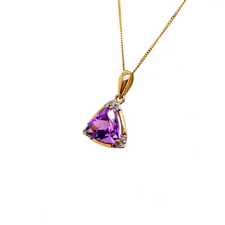 9K Yellow Gold Trillion Amethyst & Diamond Pendant
