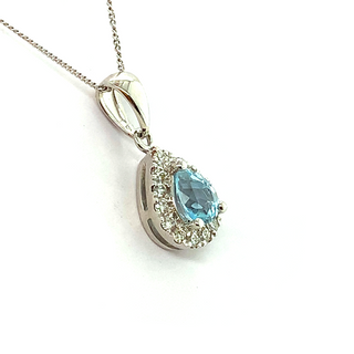 9K White Gold Aquamarine and Diamond Halo Pendant