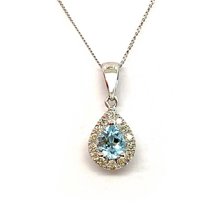 9K White Gold Aquamarine and Diamond Halo Pendant