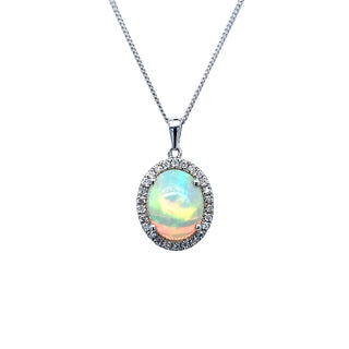 9K White Gold Opal & Diamond Pendant