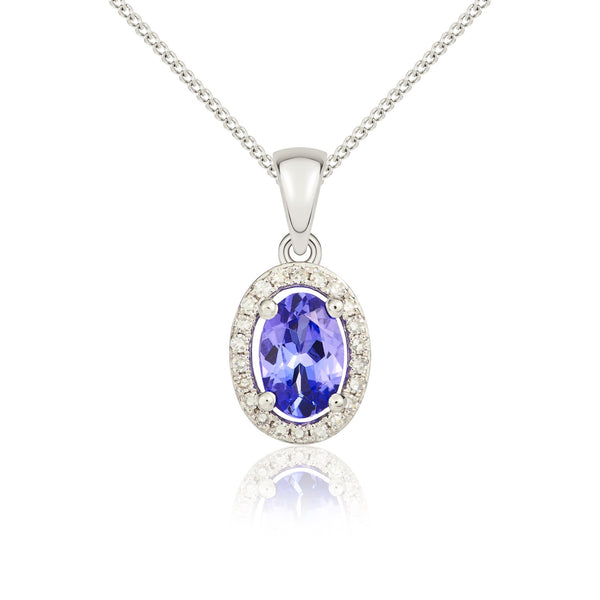 9K White Gold Tanzanite & Diamond Halo Pendant
