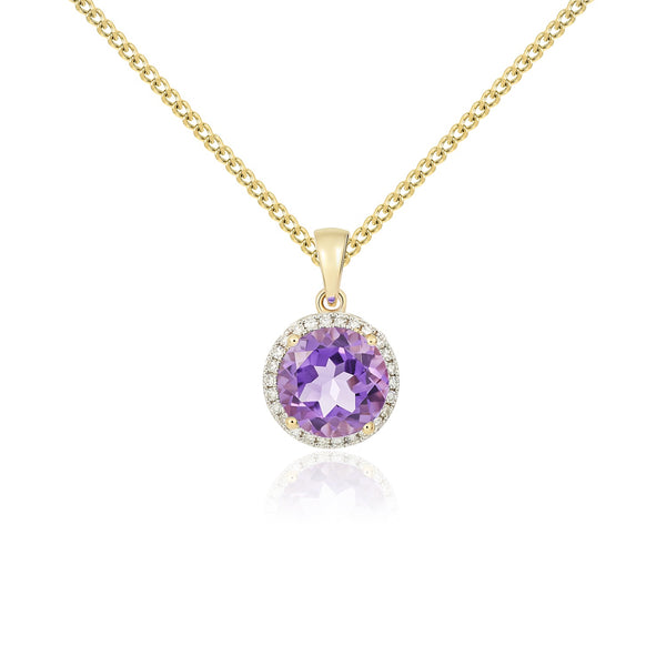 9K Yellow Gold Amethyst & Diamond Halo Pendant