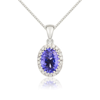 9K White Gold Oval Tanzanite & Diamond Halo Pendant