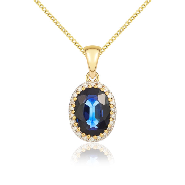 9K Yellow Gold Sapphire & Diamond Halo Pendant