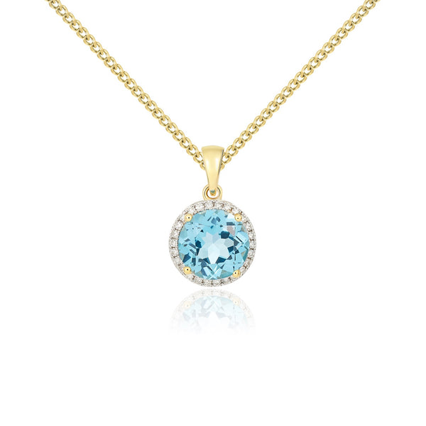 9K Yellow Gold Blue Topaz & Diamond Halo Pendant